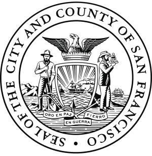 Official seal of the City and County of San Francisco featuring an eagle, shield, and two figures representing history and industry