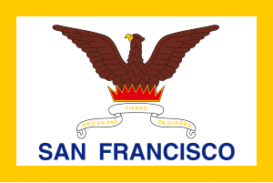 Flag of San Francisco featuring a brown eagle with outstretched wings, a crown, and the motto 'Oro en Paz, Fierro en Guerra'.