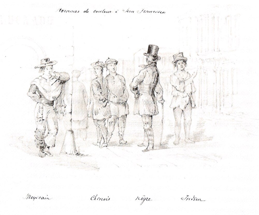 Men's traditional clothing in San Francisco sketch Historical sketch of men in traditional San Francisco clothing styles including Mexican, Chinese, and Indian attire