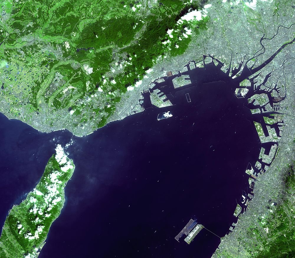 Satellite image of coastal city with port and mountains Satellite view of a large coastal city with extensive port facilities and surrounding green mountainous terrain