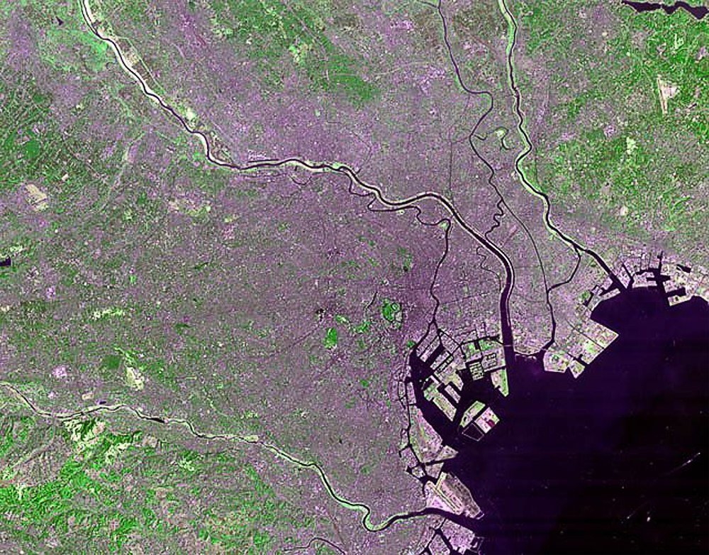 Satellite image of coastal city with rivers and urban areas Satellite view of a coastal city with rivers, urban areas, and green vegetation showing detailed land and water features