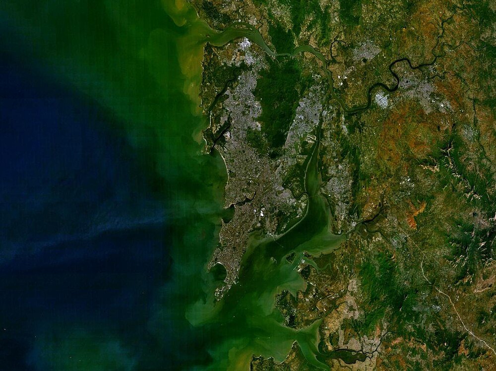 Satellite image of Mumbai city and coast Satellite view of Mumbai city and surrounding coastal areas showing urban and natural landscapes