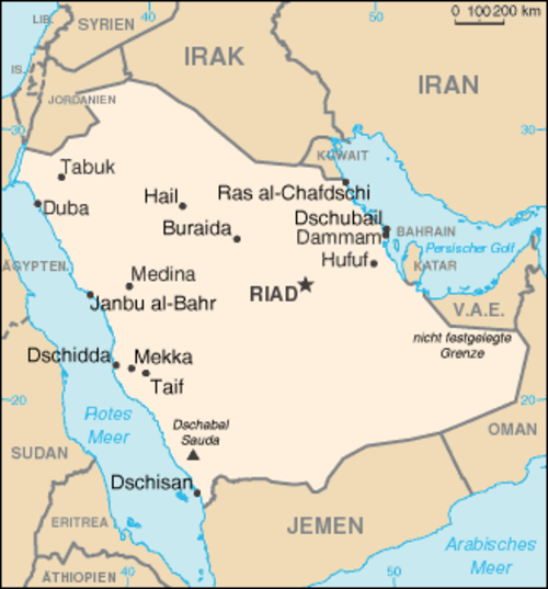 Saudi Arabia map with major cities and neighboring countries Map of Saudi Arabia showing major cities like Riyadh, Mecca, Medina, Dammam, and neighboring countries Iraq, Iran, and Yemen.