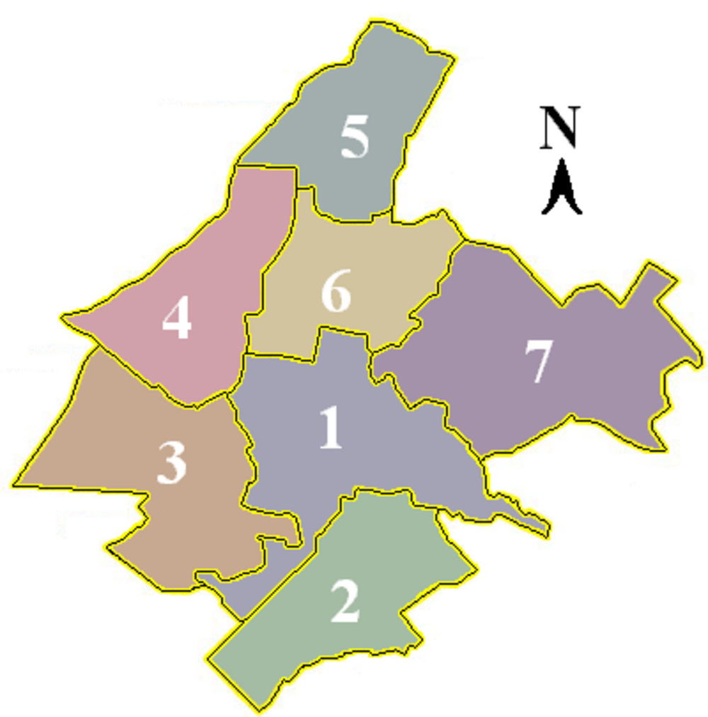 Map with seven numbered regions and north arrow Color-coded map showing seven distinct numbered regions with clear boundaries and a north direction indicator.