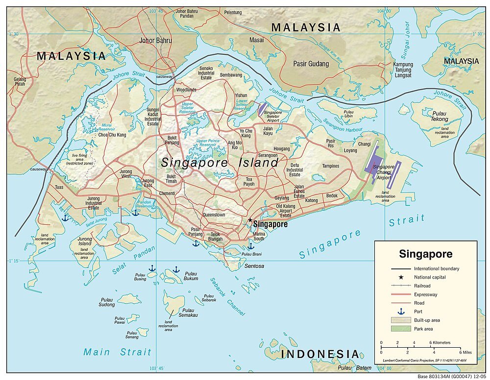 Map of Singapore Island with Roads and Airports Detailed map of Singapore Island showing major roads, expressways, airports, ports, and surrounding areas of Malaysia and Indonesia