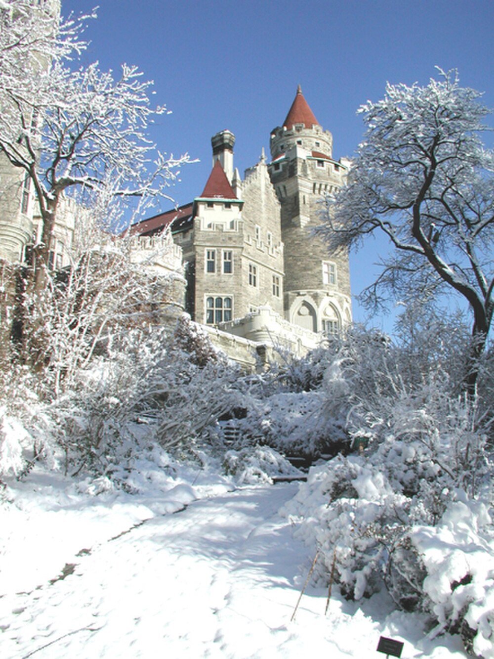 Snow-covered castle with red roofs on a clear winter day Historic stone castle with red roofs surrounded by snow-covered trees and bushes under a clear blue winter sky