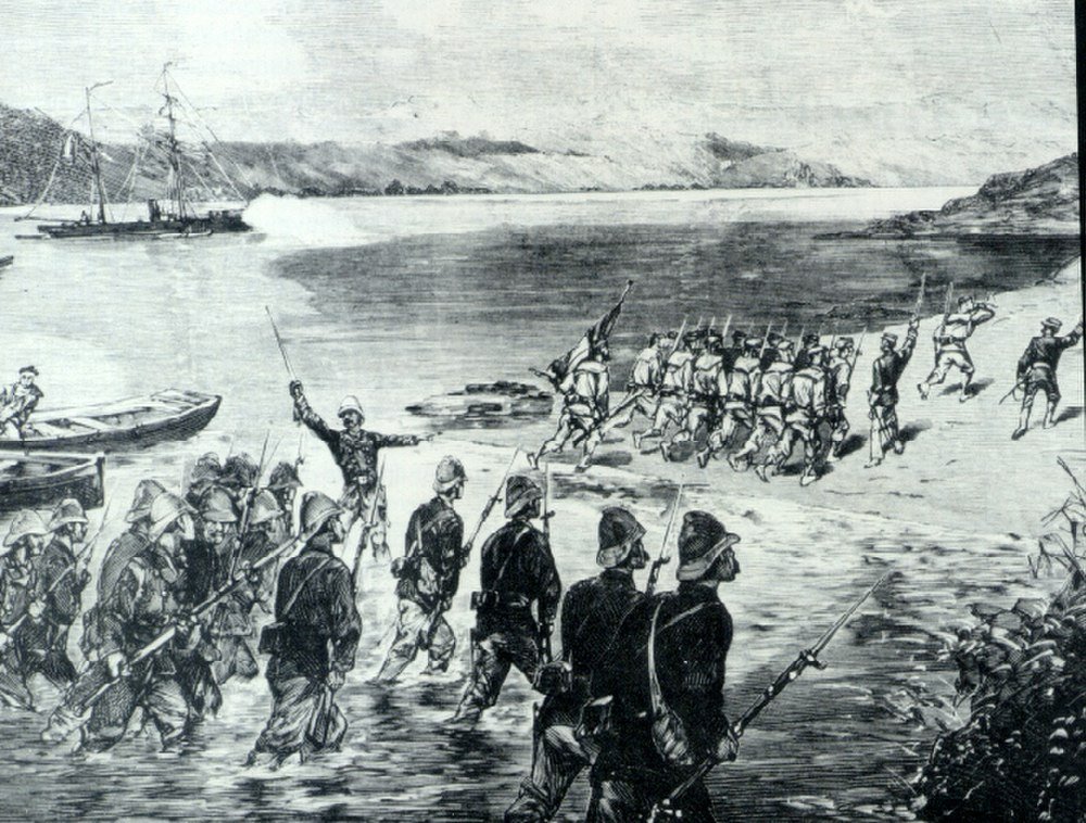 Soldiers Landing on Beach in Historical Battle Historical black and white illustration of soldiers landing on a beach during a military invasion or battle scene
