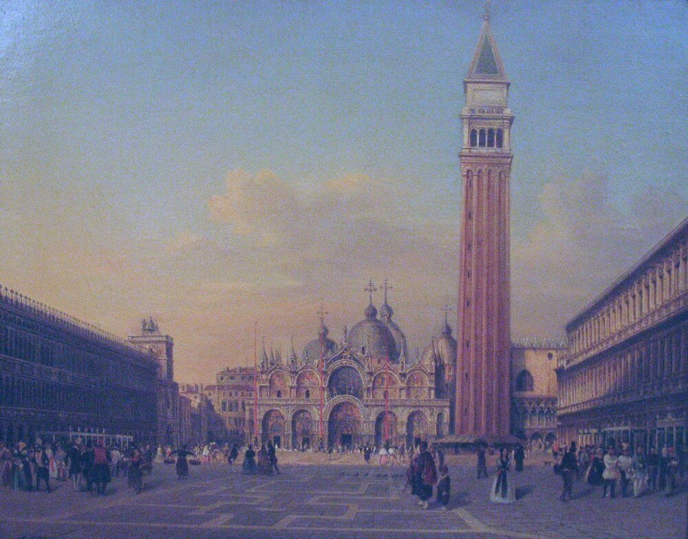 St Mark's Square Venice with Campanile and Basilica St Mark's Square in Venice with the Campanile tower and St Mark's Basilica, bustling with people during sunset.