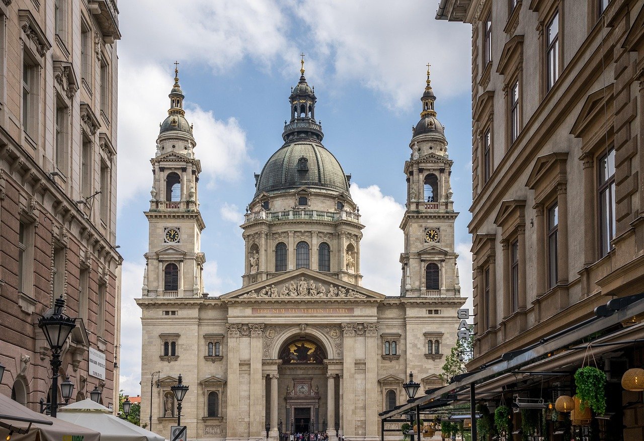 Stunning view of St. Stephen's Basilica in Budapest with clear sky and surrounding historic buildings