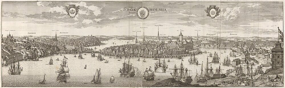 Historic panoramic engraving of Stockholm harbor with sailing ships and cityscape in the 17th century