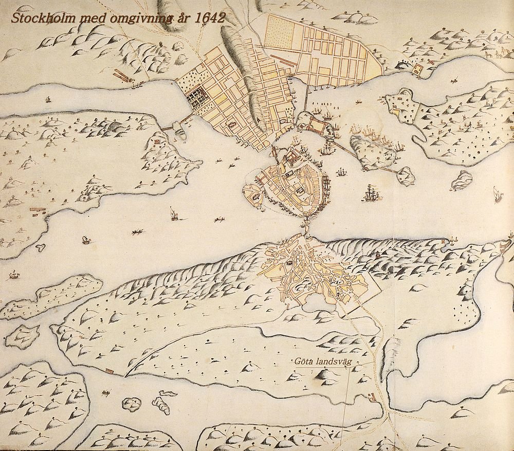 Historical map of Stockholm and surroundings in 1642 showing old city layout, waterways, and roads including Göta landsväg.