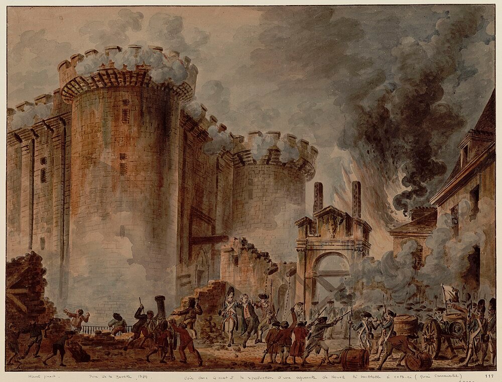 Storming of the Bastille, French Revolution 1789 Historical painting depicting the storming of the Bastille fortress in Paris during the French Revolution in 1789 with soldiers and smoke.