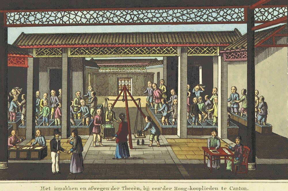 Tea packing and weighing at Hong Kong trading house Vintage illustration of tea packing and weighing at a Hong Kong trading house in Canton with workers and scales