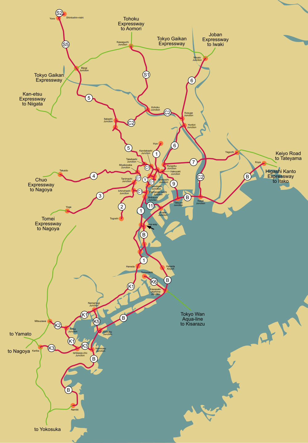 Tokyo Expressways Map with Major Junctions and Routes Map of Tokyo expressways showing major junctions and routes including Tohoku, Joban, Chuo, Tomei, and Tokyo Wan Aqua-line