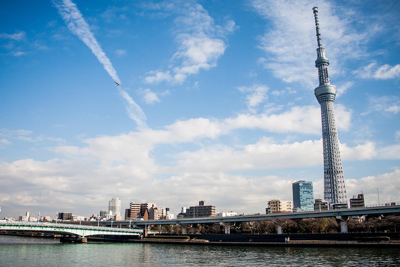 Tokyo cityscape with Tokyo Skytree tower, river, bridges, and blue sky with clouds and a bird flying