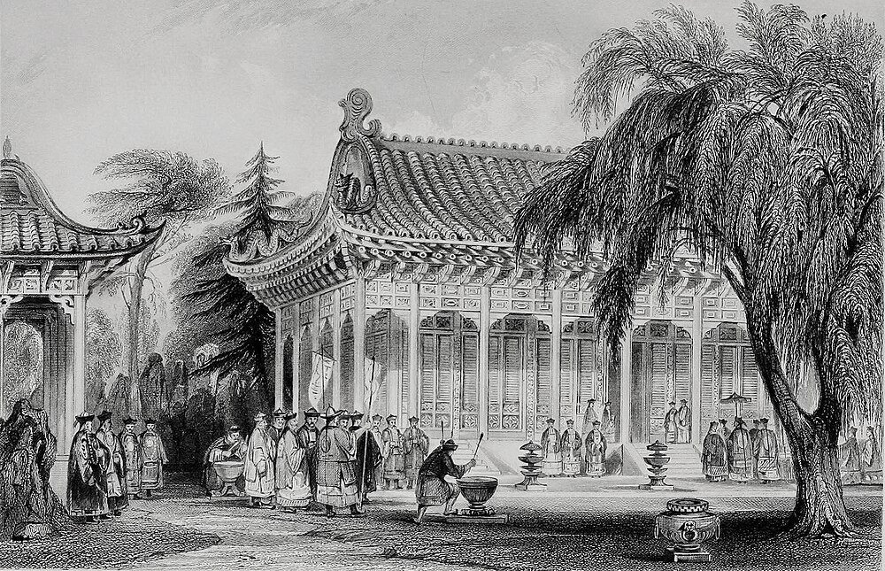 Traditional Chinese architecture and people illustration Historic black and white illustration of traditional Chinese architecture with people in period clothing