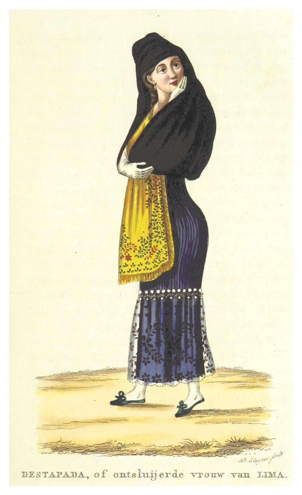 Traditional Destapada Woman from Lima Illustration of a traditional woman from Lima wearing a destapada outfit with colorful shawl and long skirt