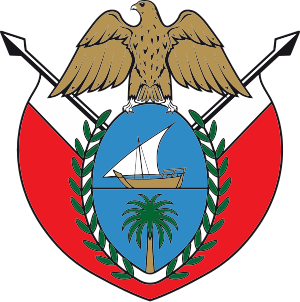 Coat of arms of Trinidad and Tobago featuring a golden eagle, two spears, a sailing ship, and a palm tree on a red and white shield.