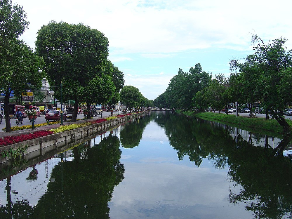 Urban canal with trees and flowers reflecting in water Scenic urban canal lined with lush green trees and colorful flowers reflecting in calm water under a partly cloudy sky