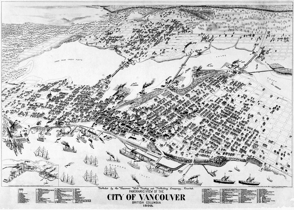 Panoramic View of Vancouver City 1898 Panoramic illustrated map of the city of Vancouver, British Columbia in 1898 showing streets, buildings, and waterfront with ships