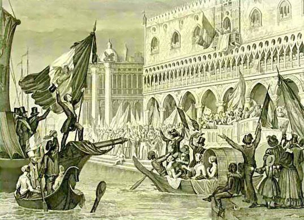 19th-century Venetian boat parade with flags and crowds Historical illustration of a 19th-century Venetian boat parade with people waving flags and crowds gathered by the canal