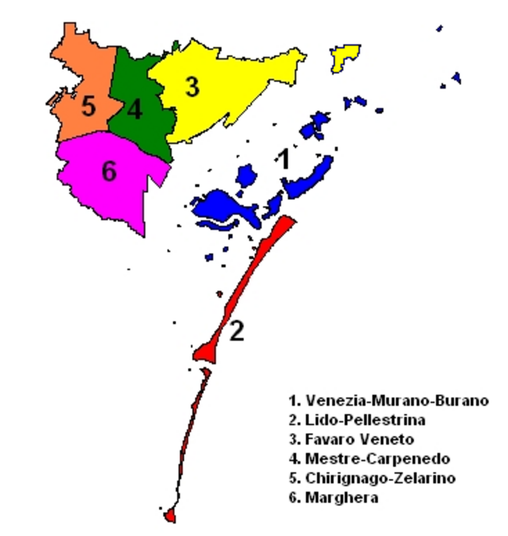 Venice districts map with numbered zones Map of Venice districts including Venezia-Murano-Burano, Lido-Pellestrina, Favaro Veneto, Mestre-Carpenedo, Chirignago-Zelarino, and Marghera.