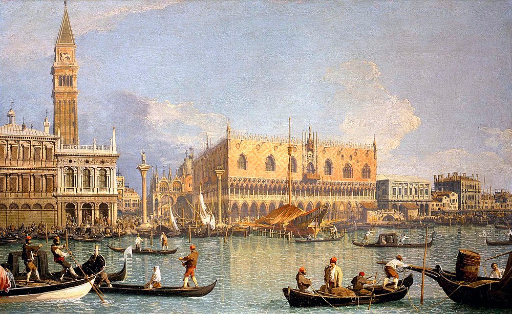 Venice gondolas and historic landmarks Venice cityscape with gondolas on the water and historic buildings including the Doge's Palace and St Mark's Campanile