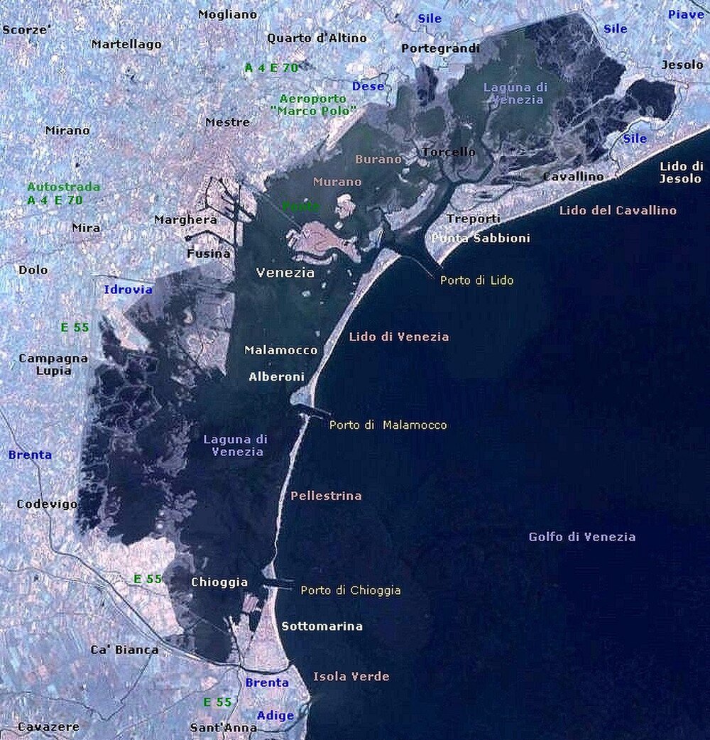 Satellite Map of Venice Lagoon and Surroundings Satellite map of Venice Lagoon showing Venice, Murano, Lido di Venezia, and surrounding areas in Italy