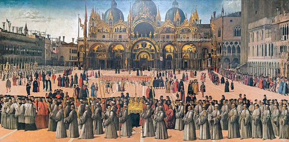 Religious procession at St. Mark's Basilica Venice Historical painting of a grand religious procession in front of St. Mark's Basilica in Venice with clergy and onlookers