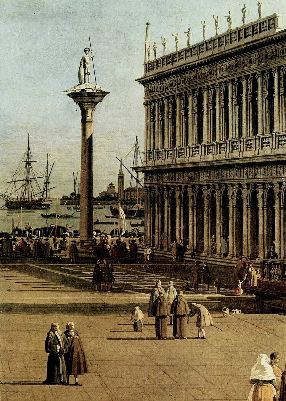 Venice waterfront with column statue and historic building Historical painting of Venice waterfront with column statue, ornate building, sailing ships, and people in period clothing