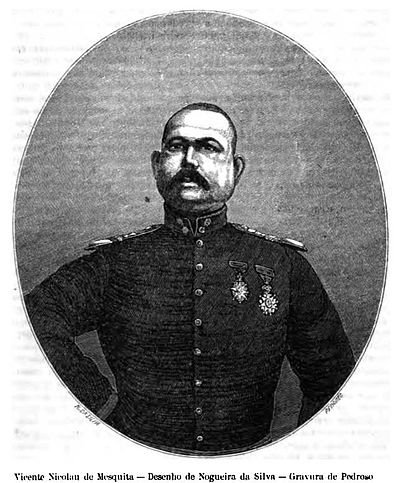 Illustration of Military Officer Vicente Nicolau de Mesquita Vintage black and white illustration of military officer Vicente Nicolau de Mesquita with medals on uniform