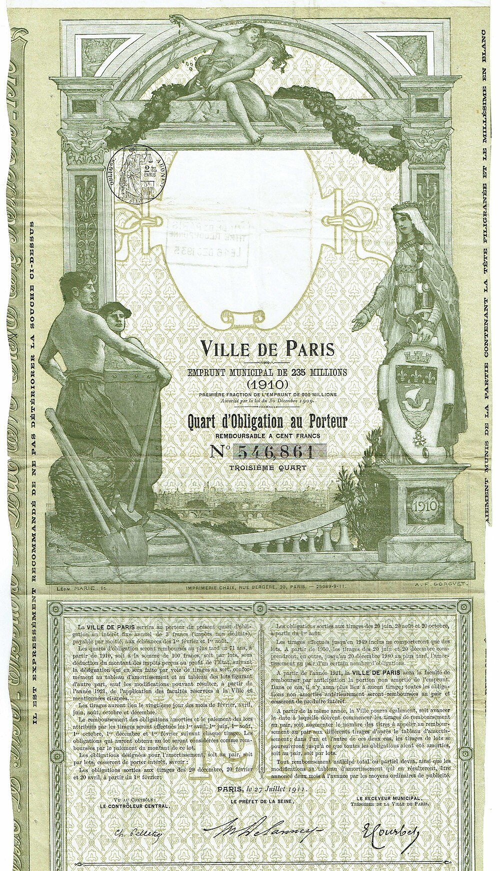 1910 Ville de Paris Municipal Bond Certificate Vintage 1910 Ville de Paris municipal bond certificate with detailed classical artwork and inscriptions in French