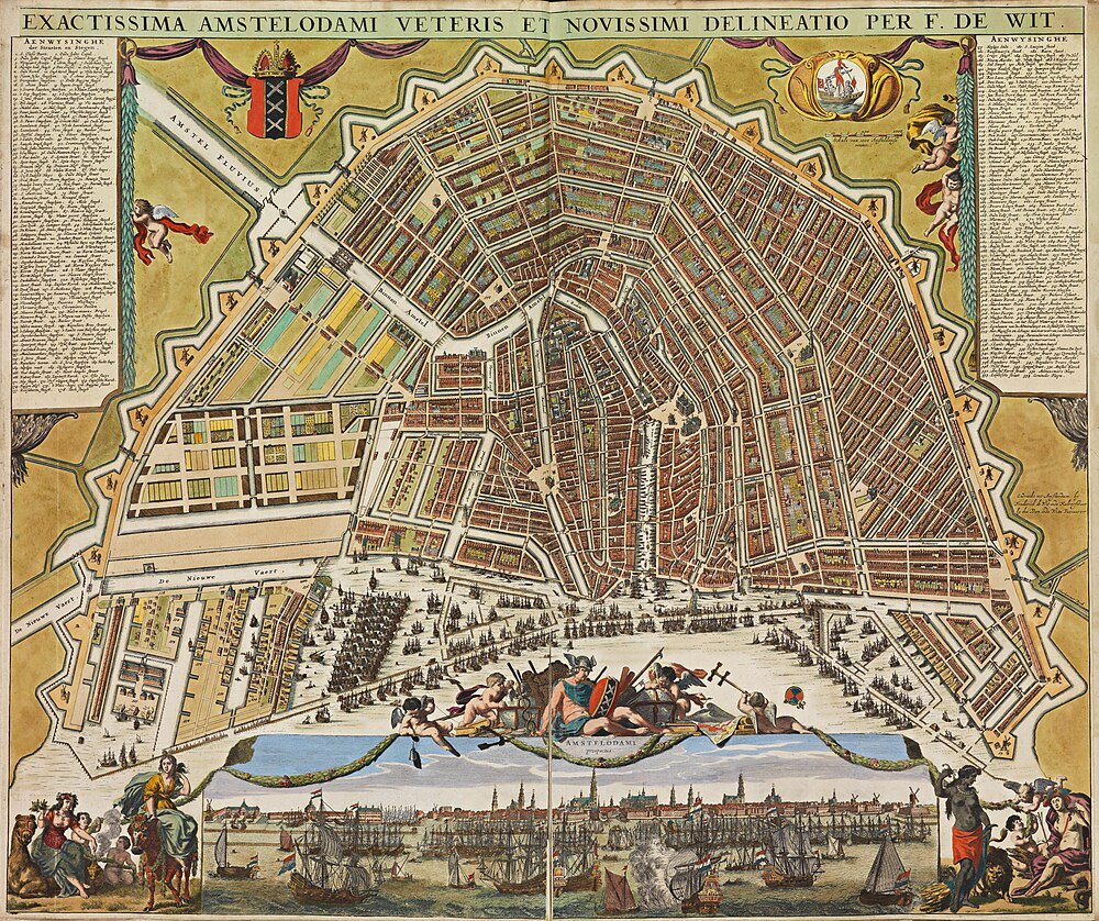 Vintage Amsterdam city map with canals and ships Detailed vintage map of Amsterdam city with canals, fortifications, and historic ships, created by F. de Wit.