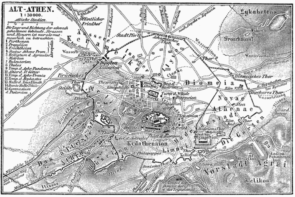 Vintage map of ancient Athens with landmarks Detailed vintage map of ancient Athens showing key landmarks like the Acropolis, Parthenon, and surrounding hills.