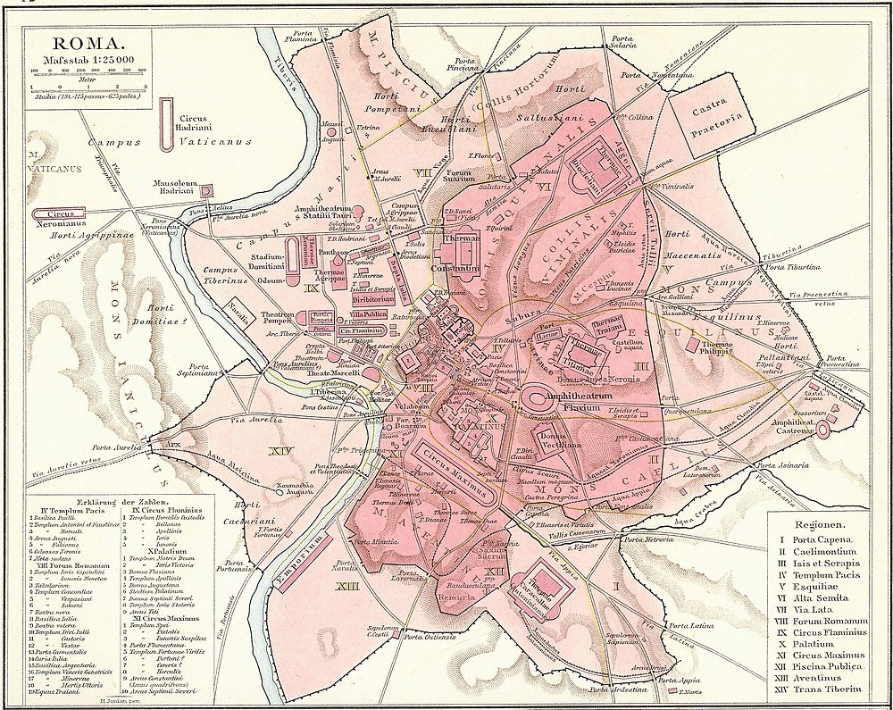 Vintage Map of Ancient Rome with Regions and Landmarks Detailed vintage map of ancient Rome showing regions, landmarks, and historical sites with Latin labels and scale.