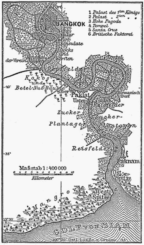 Vintage German map of Bangkok and Gulf of Siam Vintage map of Bangkok and surrounding areas along the Gulf of Siam with landmarks and plantations labeled in German.