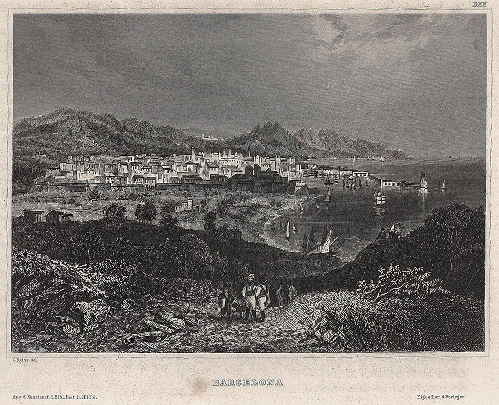 Vintage Barcelona cityscape engraving with harbor and mountains Vintage engraving of Barcelona cityscape with harbor, sailing ships, mountains, and people walking on a path in foreground