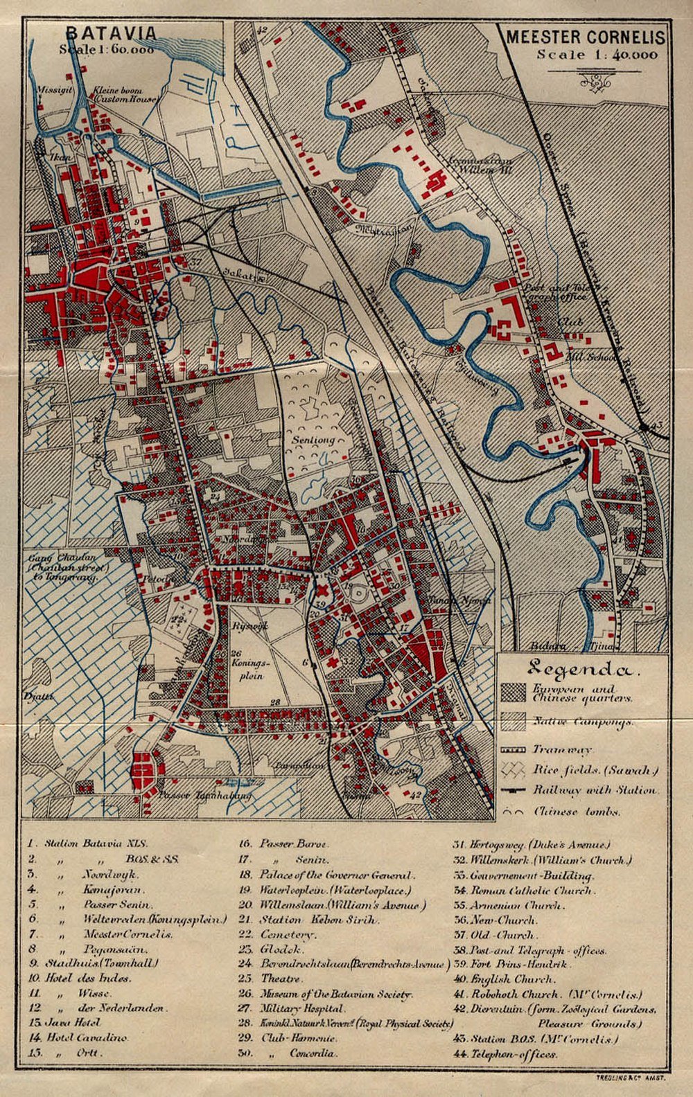 Vintage Batavia and Meester Cornelis map with landmarks Vintage detailed map of Batavia and Meester Cornelis showing European and Chinese quarters, tramways, rice fields, and landmarks.