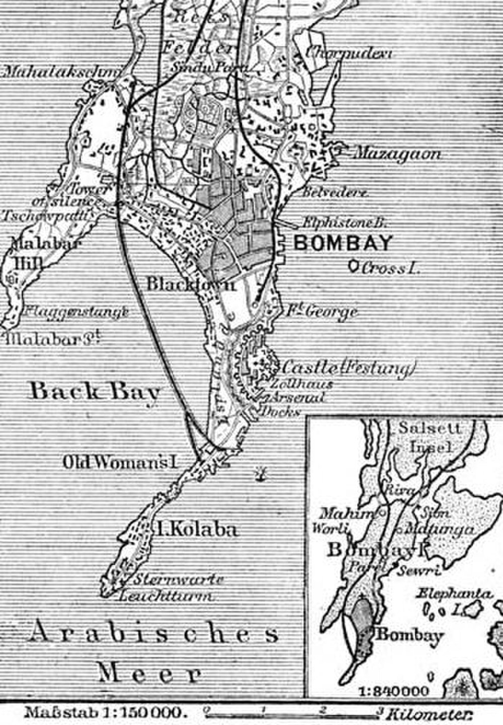 Historical map of Bombay with major landmarks Vintage map of Bombay showing key locations like Malabar Hill, Back Bay, and Colaba in the Arabian Sea region