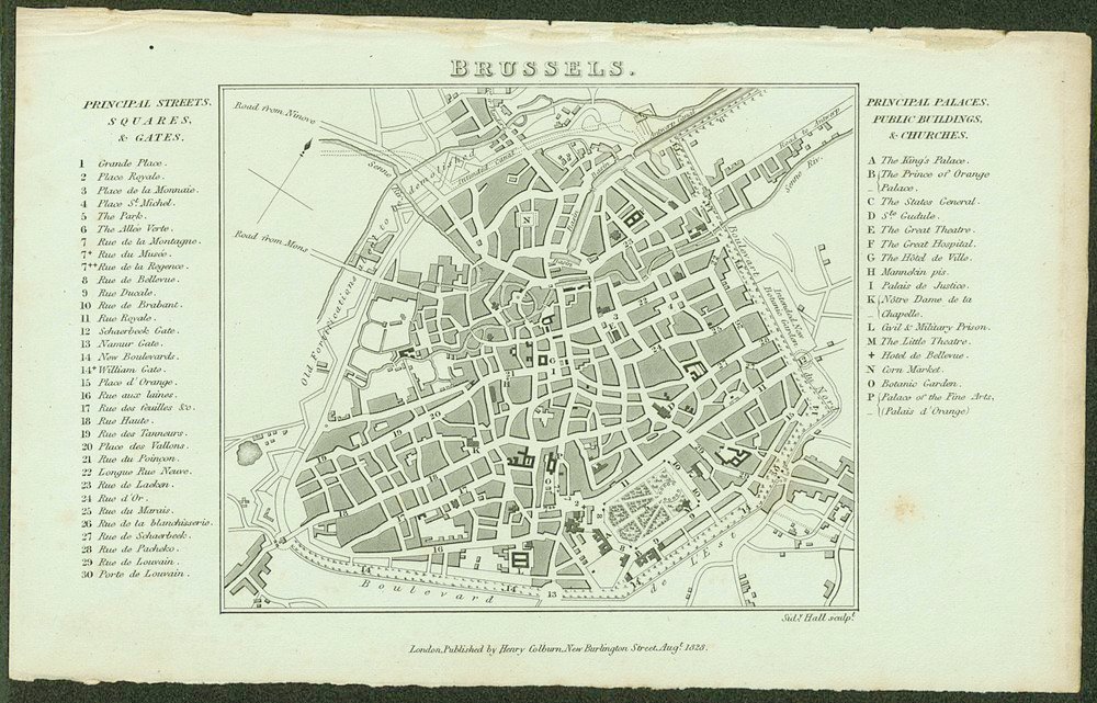 1829 Vintage Map of Brussels with Landmarks Vintage 1829 map of Brussels showing principal streets, squares, gates, palaces, public buildings, and churches with detailed labels.