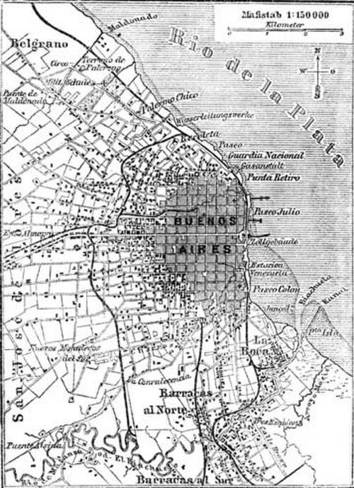Historic map of Buenos Aires city and Rio de la Plata Vintage black and white map of Buenos Aires city showing neighborhoods, streets, and Rio de la Plata coastline.