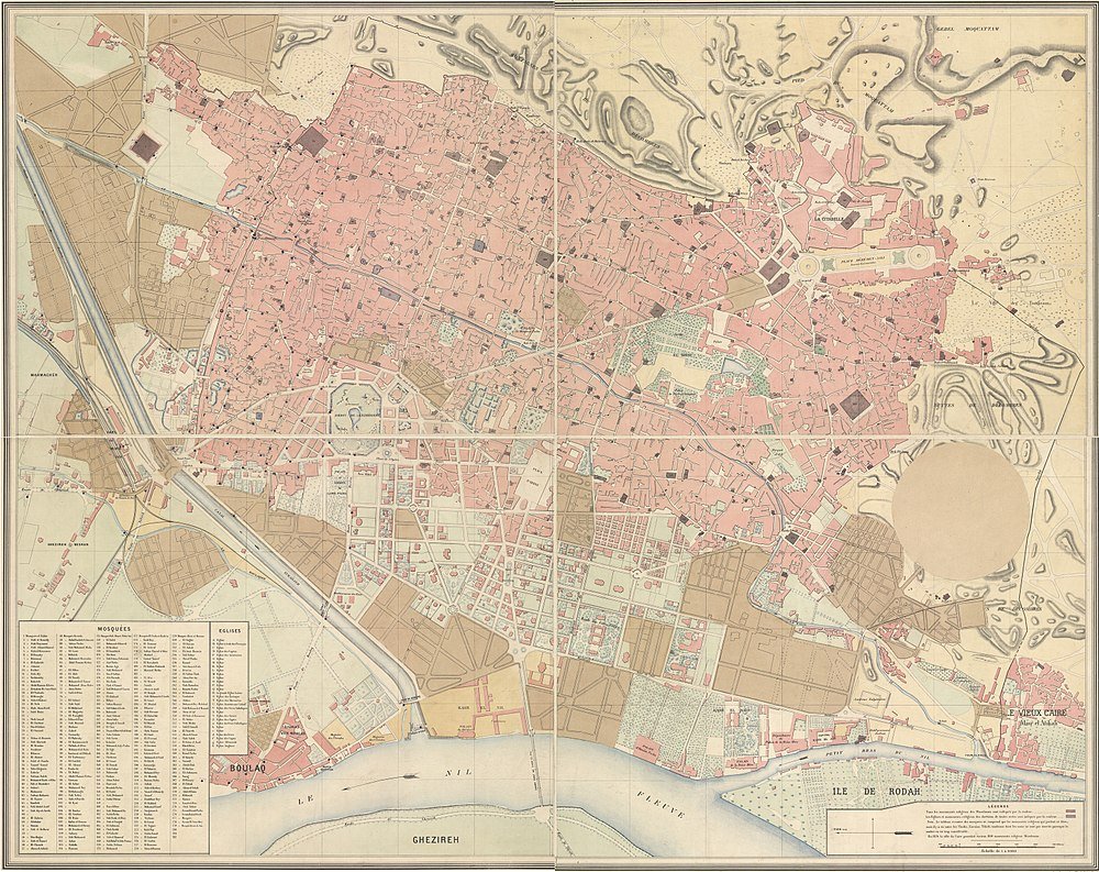 Vintage Map of Cairo with Mosques and Churches Detailed vintage map of Cairo showing mosques, churches, streets, and neighborhoods along the Nile River in Egypt