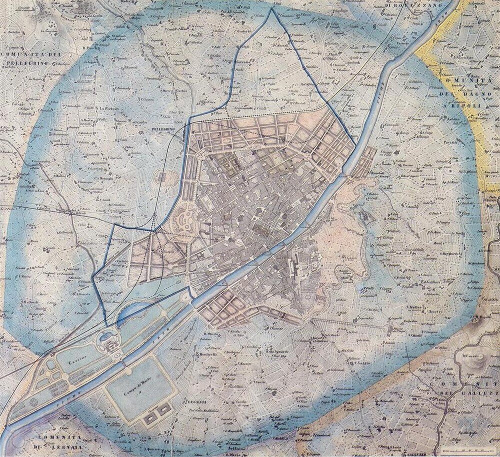Vintage European city map with canals and streets Vintage detailed map of an old European city with canals, streets, and surrounding countryside in pastel colors