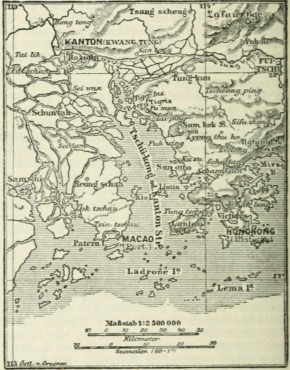 Antique map of Kanton, Macao, and Hong Kong regions Vintage map showing the regions of Kanton, Macao, and Hong Kong with rivers and islands detailed.