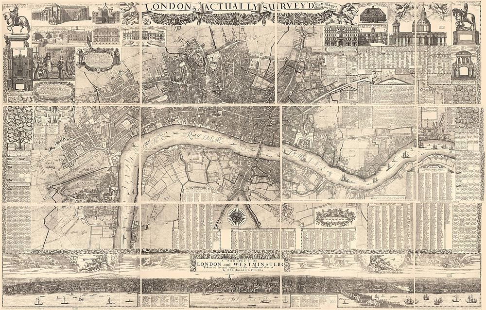 Vintage London and Westminster Map with River Thames Detailed vintage map of London and Westminster with river Thames, landmarks, and historical illustrations from 17th century survey