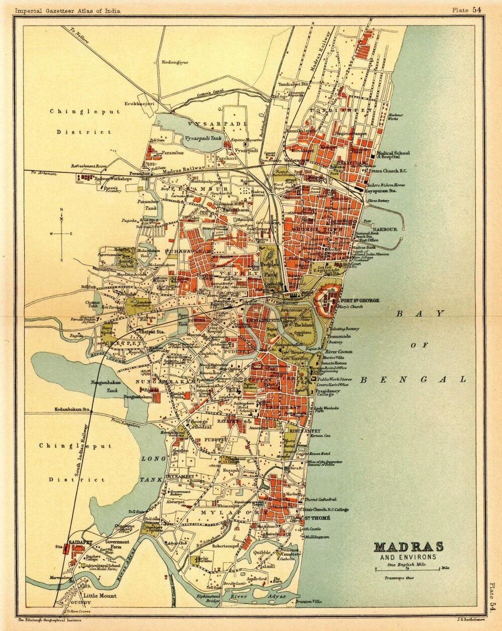 Vintage map of Madras and environs showing detailed streets, landmarks, and Bay of Bengal coastline from Imperial Gazetteer Atlas