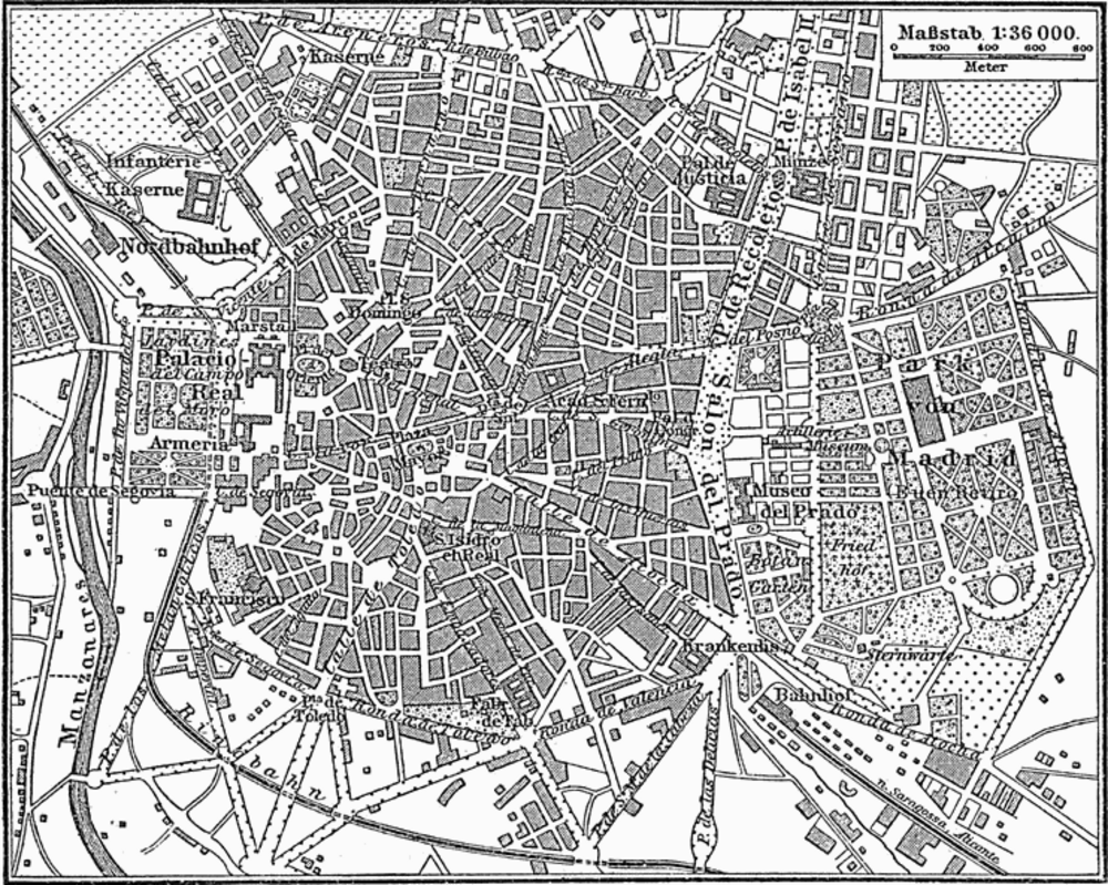 Vintage map of Madrid city center in German Vintage detailed black and white map of Madrid city center with landmarks and street names in German