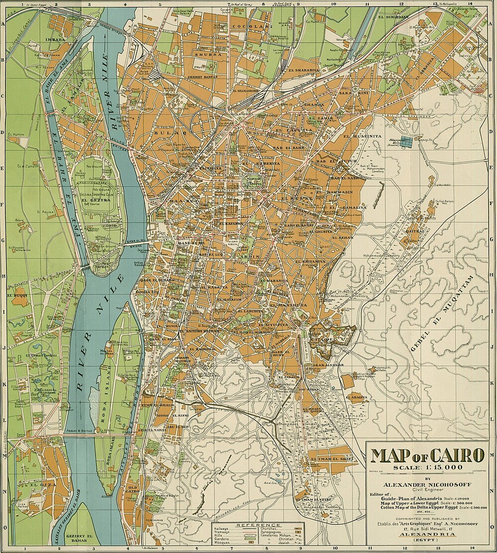 Vintage Map of Cairo with River Nile and Landmarks Detailed vintage map of Cairo showing neighborhoods, landmarks, River Nile, and transportation routes from early 20th century