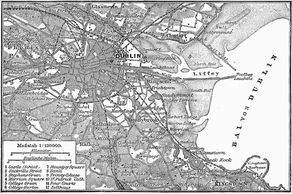 Vintage Map of Dublin City and Bay of Dublin Vintage black and white map of Dublin city and Bay of Dublin showing key landmarks and surrounding areas