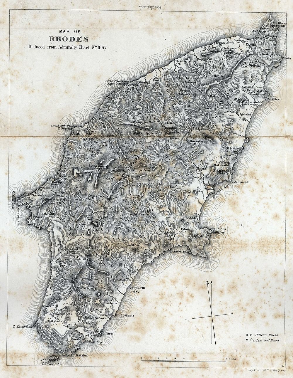 Vintage Map of Rhodes Island with Terrain and Ruins Detailed vintage map of Rhodes island showing terrain, ruins, castles, and key locations from Admiralty Chart No. 1667